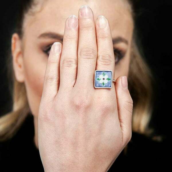 Statement flower ring τετράγωνο δαχτυλίδι λουλούδι με σμάλτο σε ασήμι 925 - statement, αυξομειούμενα, επάργυρα, γυαλί, ασήμι 925, boho, personalised, ethnic, vintage, μεγάλα - 5