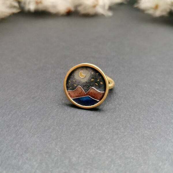 Επίχρυσο δαχτυλίδι με σμάλτο σε ασήμι 925 moon ring - statement, vintage, γυαλί, ασήμι 925, επάργυρα, φεγγάρι, personalised, boho, αυξομειούμενα - 4