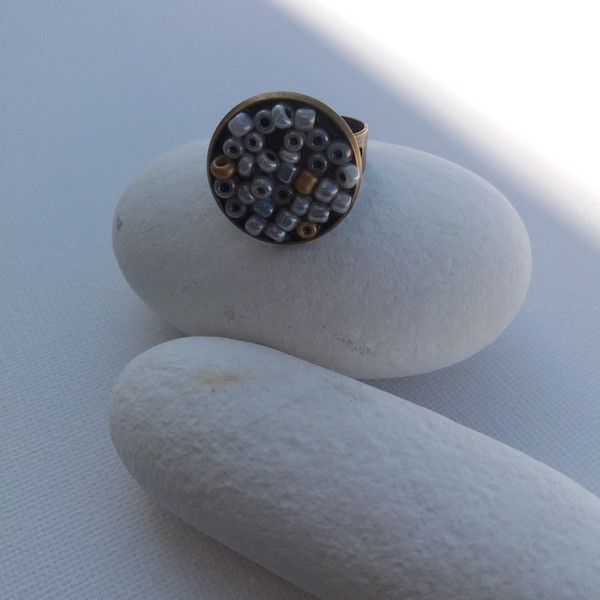 Δαχτυλίδι με πέτρες "Earth" - statement, vintage, χάντρες, μπρούντζος, αυξομειούμενα, φθηνά - 2