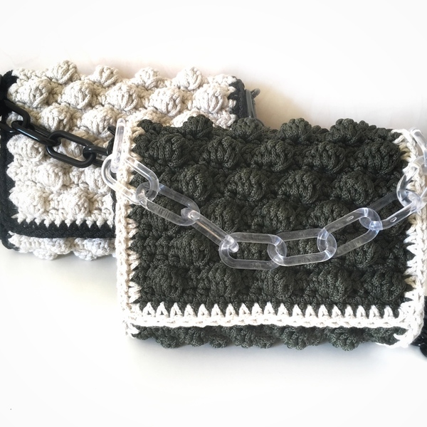 Πλεκτή Τσάντα - BABY BUBBLE SERIES 19' - OLIVE - αλυσίδες, vintage, χιαστί, crochet, romantic, all day, minimal, boho, ethnic, πλεκτές τσάντες - 2