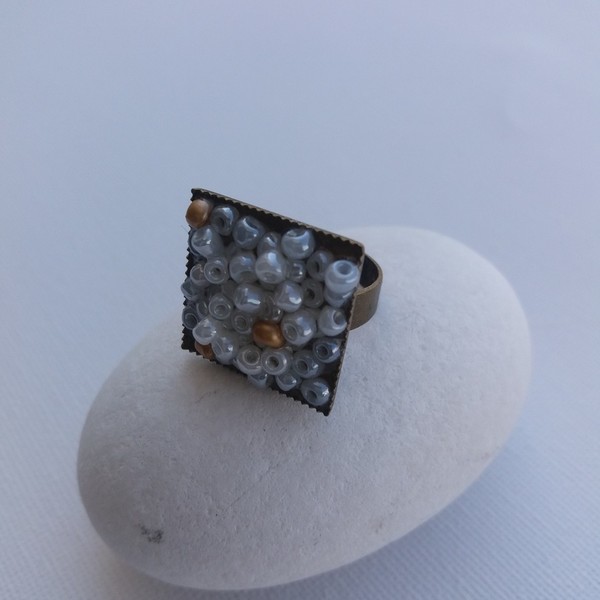 Δαχτυλίδι με πέτρες "Square" - statement, vintage, χάντρες, personalised, μπρούντζος, αυξομειούμενα, φθηνά - 3