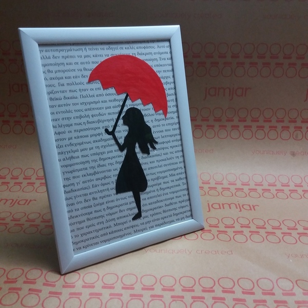 Καδρο "Umbrella" - handmade, χρωματιστό, ζωγραφισμένα στο χέρι, κορίτσι, χαρτί, χειροποίητα