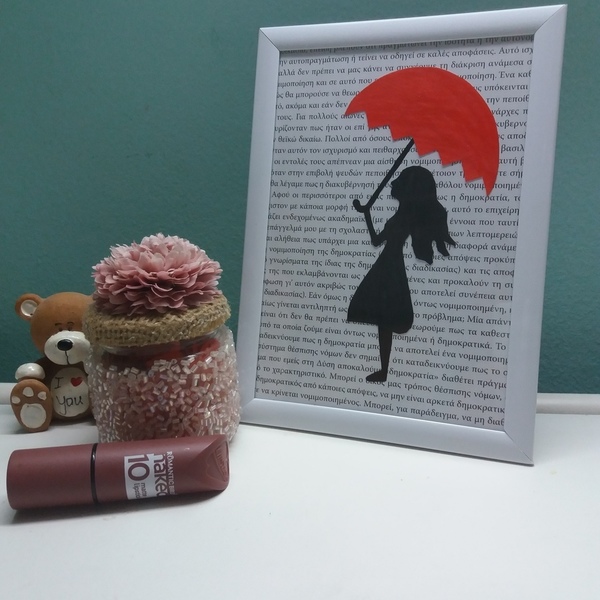 Καδρο "Umbrella" - handmade, χρωματιστό, ζωγραφισμένα στο χέρι, κορίτσι, χαρτί, χειροποίητα - 2