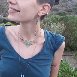 statment macrame κολιέ με τυρκουάζ | μπεζ εκρού κολιέ | boho style - ημιπολύτιμες πέτρες, πλεκτό, μακραμέ, κορδόνια, χειροποίητα, romantic, unique, boho, μεγάλα, αυξομειούμενα, δώρα για γυναίκες - 2