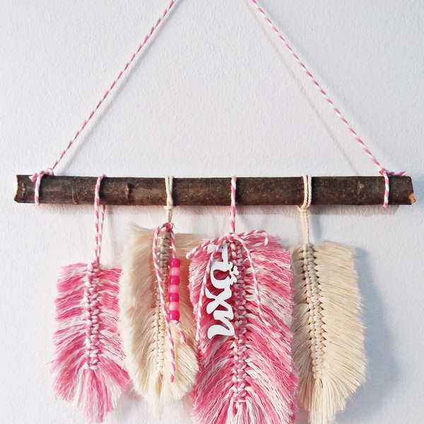 Wallhanging girl decoration "Pink feather" - χειροποίητα, unique, boho, διακοσμητικά - 2