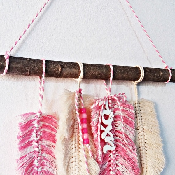 Wallhanging girl decoration "Pink feather" - χειροποίητα, unique, boho, διακοσμητικά - 3