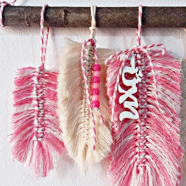 Wallhanging girl decoration "Pink feather" - χειροποίητα, unique, boho, διακοσμητικά - 4