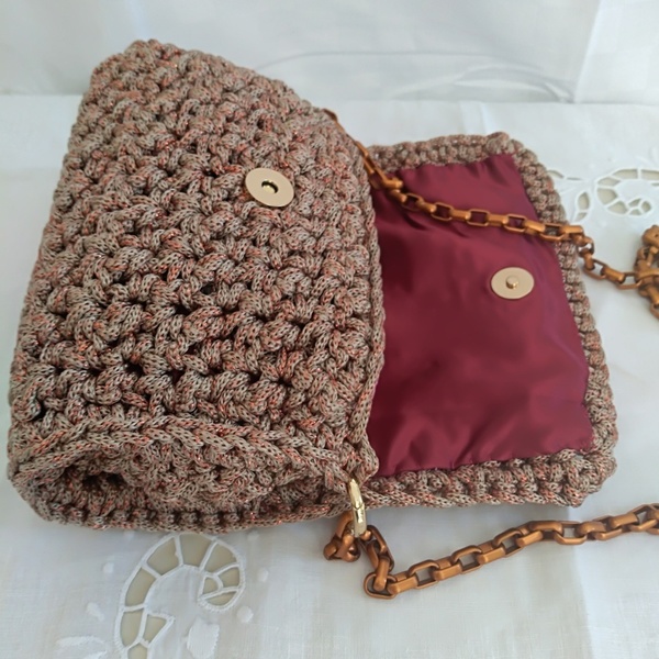 Πλεκτή χειροποίητη τσάντα - αλυσίδες, βραδυνά, vintage, clutch, crochet, γεωμετρικά σχέδια, πλεκτές τσάντες - 4