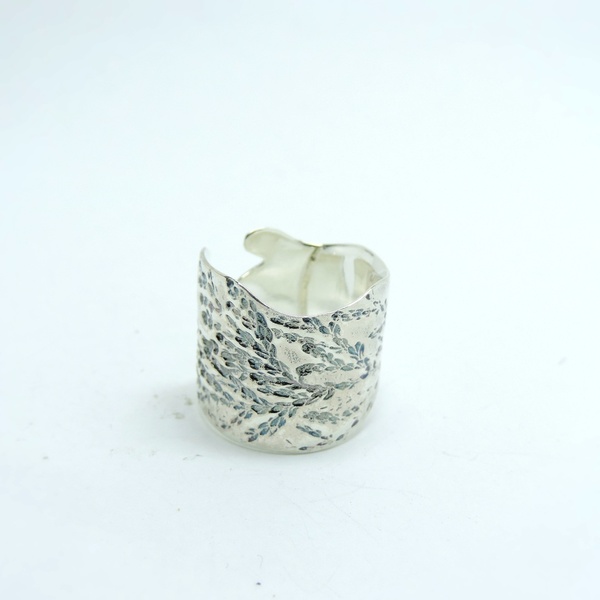 Ασημένιο δαχυλίδι με φυτικό αποτύπωμα- Δαχτυλίδι με υφή-Botanical δαχτυλιδι - statement, ασήμι, vintage, ιδιαίτερο, ασήμι 925, φύλλο, romantic, boho, σταθερά, μεγάλα - 3