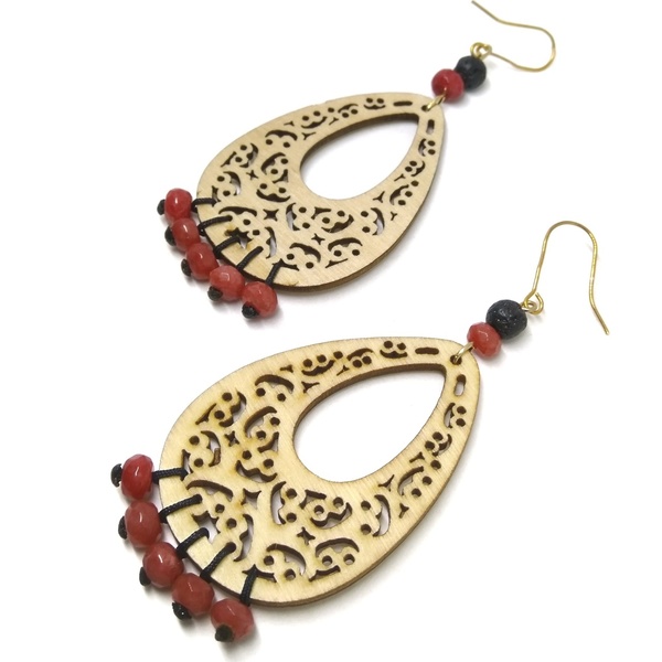 Rodonite earrings - statement, ξύλο, μοντέρνο, επιχρυσωμένα, ορείχαλκος, κορδόνια, χάντρες, personalised, boho, ethnic, κρεμαστά