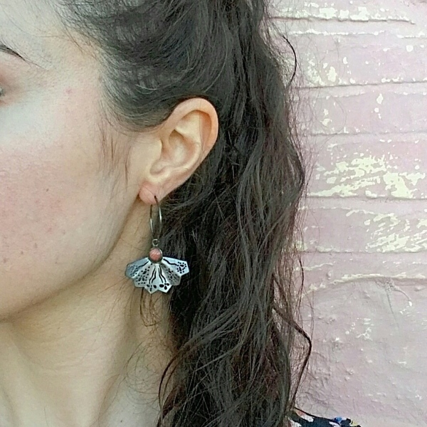 Mini fan earrings-Ασημένια Σκουλαρίκια Βεντάλια με Πέτρες - ασήμι, ημιπολύτιμες πέτρες, πέτρες, romantic, κρεμαστά - 2