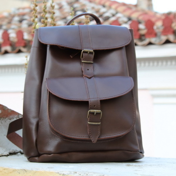 Δερμάτινη τσάντα πλάτης με 1 τσέπη σε χρώμα καφέ - vintage, πλάτης, σακίδια πλάτης, romantic, all day, minimal, boho, ethnic - 2