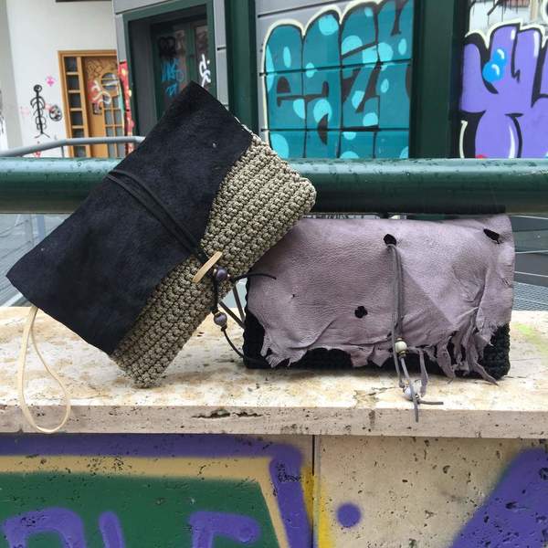 Πλεκτή τσάντα φάκελος με δέρμα - δέρμα, βραδυνά, φάκελοι, crochet, boho, πλεκτές τσάντες - 2