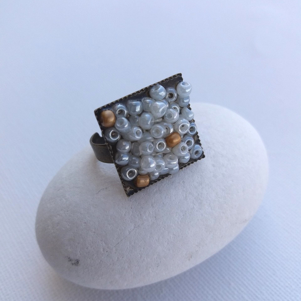 Δαχτυλίδι με πέτρες "Square" - statement, vintage, χάντρες, personalised, μπρούντζος, αυξομειούμενα, φθηνά