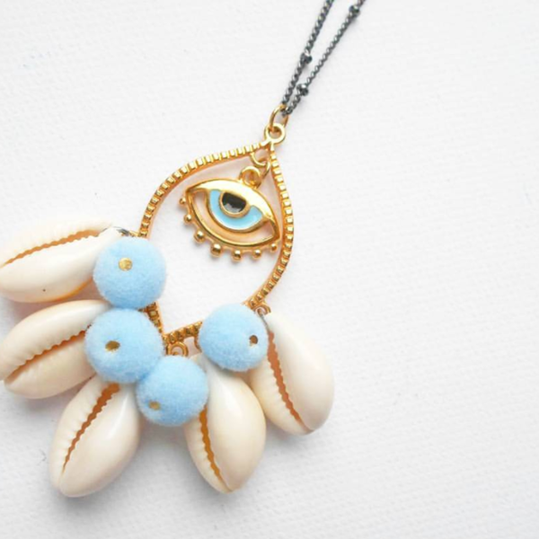 Necklace with shells and eye - μακρύ, μάτι, μακριά, boho, ethnic