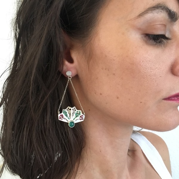 Μini Fan Agate Earrings-Σκουλαρίκια Βεντάλιες Από Ασήμι 925 με Πράσινο Αχάτη - ασήμι, επιχρυσωμένα, κορδόνια, romantic, μακριά, boho, κρεμαστά