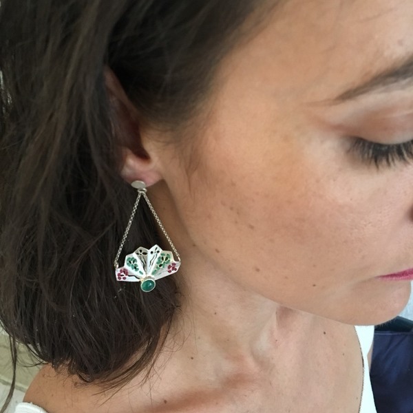 Μini Fan Agate Earrings-Σκουλαρίκια Βεντάλιες Από Ασήμι 925 με Πράσινο Αχάτη - ασήμι, επιχρυσωμένα, κορδόνια, romantic, μακριά, boho, κρεμαστά - 3