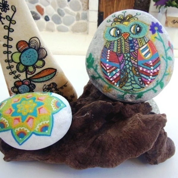 Owl Doodle - πέτρα, δώρο, διακόσμηση, κουκουβάγια, διακοσμητικές πέτρες, διακόσμηση κήπου - 2