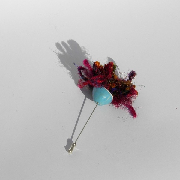 Κεραμική αφαιρετική καρφίτσα λουλούδι γαλάζια - μετάξι, λουλούδια, πηλός - 2