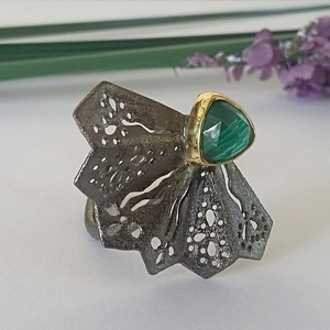 Malachite Fan Ring-Δαχτυλίδι Βεντάλια από Ασήμι 925 με Ημιπολύτιμη Πέτρα - ασήμι, ημιπολύτιμες πέτρες, ασήμι 925, boho, ethnic, μεγάλα, επιροδιωμένα