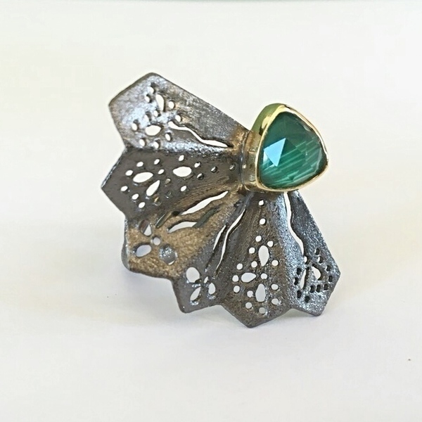 Malachite Fan Ring-Δαχτυλίδι Βεντάλια από Ασήμι 925 με Ημιπολύτιμη Πέτρα - ασήμι, ημιπολύτιμες πέτρες, ασήμι 925, boho, ethnic, μεγάλα, επιροδιωμένα - 5