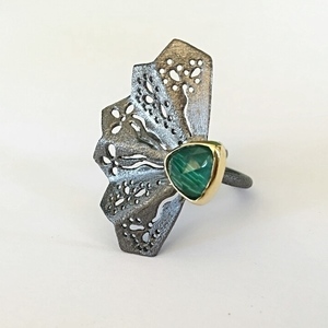 Malachite Fan Ring-Δαχτυλίδι Βεντάλια από Ασήμι 925 με Ημιπολύτιμη Πέτρα - ασήμι, ημιπολύτιμες πέτρες, ασήμι 925, boho, ethnic, μεγάλα, επιροδιωμένα - 3