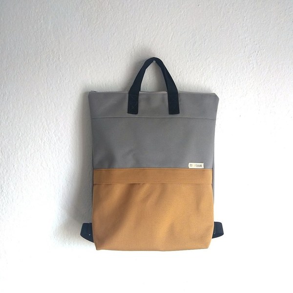 Σακίδιο πλάτης - Alaesa Backpack in grey-mustard - ύφασμα, αδιάβροχο, πλάτης, σακίδια πλάτης, μεγάλες, all day, minimal, δώρα για γυναίκες, φθηνές
