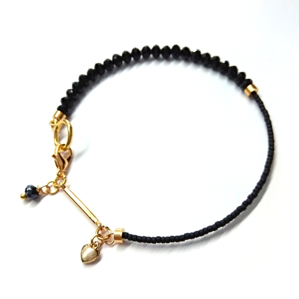 Black bracelet - βραδυνά, charms, μοντέρνο, επιχρυσωμένα, καρδιά, gothic style, minimal, boho, rock, σταθερά - 2
