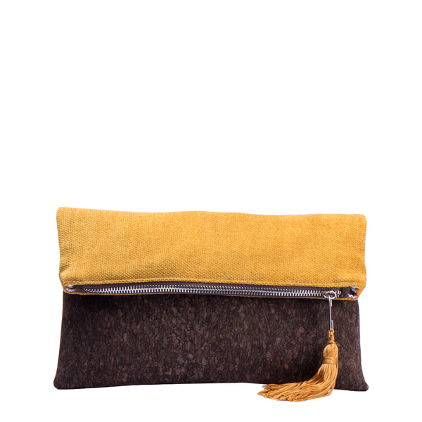Τσάντα Φάκελος από Φελλό και Ύφασμα " Yellow / Brown " - φάκελοι, χιαστί, φελλός, δώρα για γυναίκες