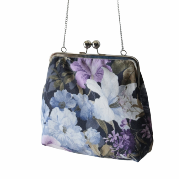 "Alice " vintage τσάντα με μεταλλικό πλαίσιο - βαμβάκι, λουλούδια, χιαστί, φλοράλ, μικρές - 2