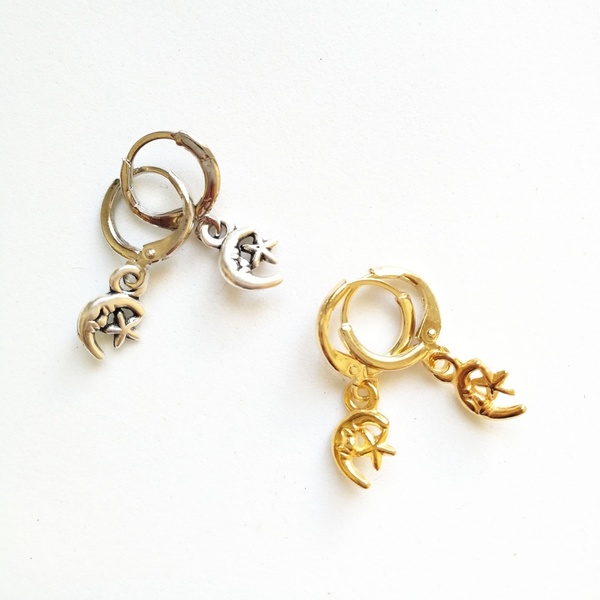 Mini earrings moon & star - επιχρυσωμένα, ορείχαλκος, επάργυρα, κρεμαστά, faux bijoux
