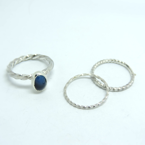 Ασημένια δαχτυλίδια με μπλε αχάτη-Σετ τριών ασημένιων δαχτυλιδιών-Stackable rings - statement, ασήμι, ημιπολύτιμες πέτρες, αχάτης, ιδιαίτερο, ασήμι 925, romantic, καθημερινό, μικρά, σετ, σταθερά, σετ κοσμημάτων - 2