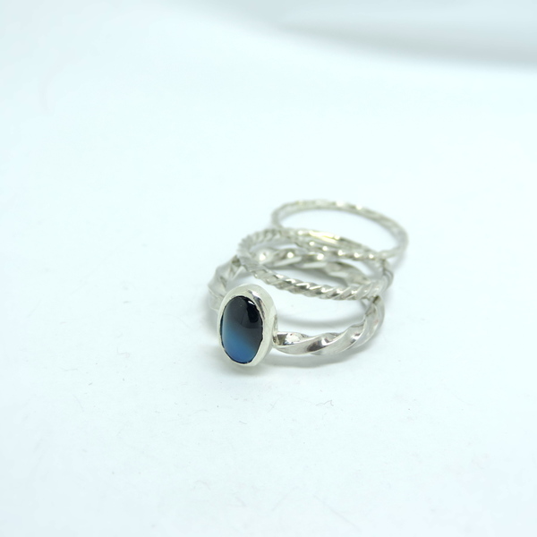 Ασημένια δαχτυλίδια με μπλε αχάτη-Σετ τριών ασημένιων δαχτυλιδιών-Stackable rings - statement, ασήμι, ημιπολύτιμες πέτρες, αχάτης, ιδιαίτερο, ασήμι 925, romantic, καθημερινό, μικρά, σετ, σταθερά, σετ κοσμημάτων - 3