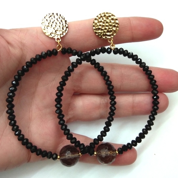 Black elegant hoops - ημιπολύτιμες πέτρες, επιχρυσωμένα, κρίκοι, σφυρήλατο, elegant, διαχρονικό, κρεμαστά - 3