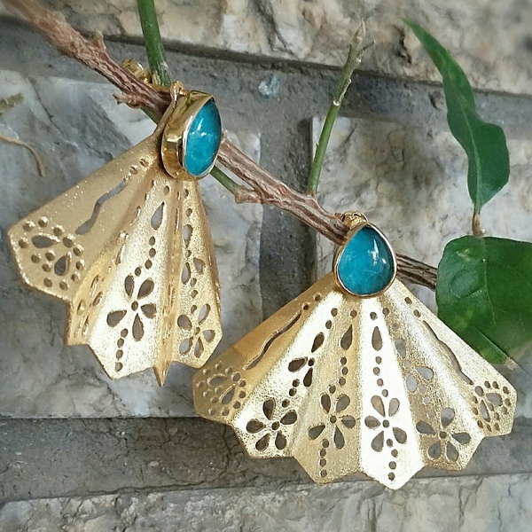 Madame Butterfly Earrings-Σκουλαρίκια Βεντάλια από Ασήμι 925 με Ημιπολύτιμες Πέτρες - επιχρυσωμένα, ημιπολύτιμες πέτρες, χειροποίητα, βραδυνά, δαντέλα, κρεμαστά
