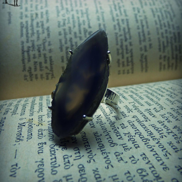 " Dark smokey Agate " - Χειροποίητο επάργυρο δαχτυλίδι με Μαύρο Δαντελωτό Αχάτη! - ημιπολύτιμες πέτρες, αχάτης, ασημί, δαντέλα, επάργυρα, μεγάλα, αυξομειούμενα - 5