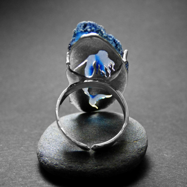 "Blue light lace ring" - Χειροποίηταχτυλίδι με έναν υπέροχο Γαλάζιο Δαντελωτό Αχάτη! - μπλε, ημιπολύτιμες πέτρες, αχάτης, πέτρα, επάργυρα, minimal, γοργόνα, μεγάλα, αυξομειούμενα, φθηνά - 2