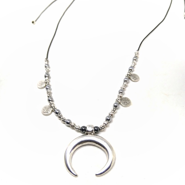 Horn necklace - ορείχαλκος, επάργυρα, αιματίτης, χάντρες, κοντά - 2
