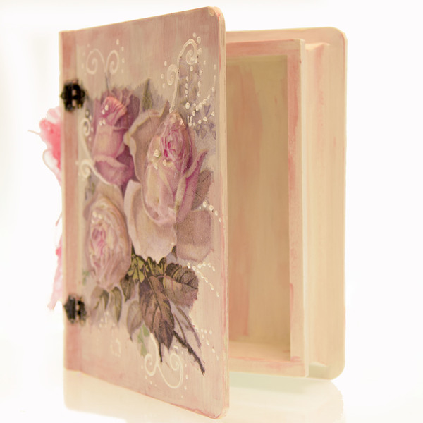 Ξύλινο κουτί βιβλίο " Roses" - δώρο, διακόσμηση, κουτί, κουτιά αποθήκευσης - 2