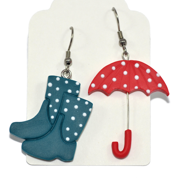 Κρεμαστά φθινοπωρινά σκουλαρίκια γαλότσες ομπρέλα πουά ρετρό - πουά, πηλός, πρωτότυπο, εντυπωσιακό, romantic, κρεμαστά, ρετρό