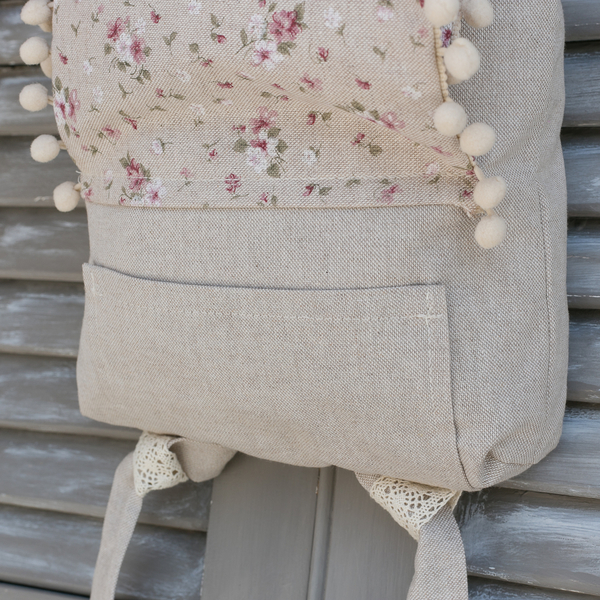 ❥ Floral backpack με πομ πομ ❥ Σακίδιο πλάτης - δώρο, πλάτης, pom pom, φλοράλ - 4