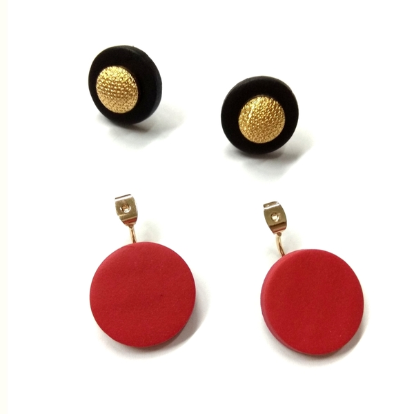 Red jacket earrings - μοντέρνο, επιχρυσωμένα, στρογγυλό, πηλός, γεωμετρικά σχέδια, minimal, κρεμαστά - 2