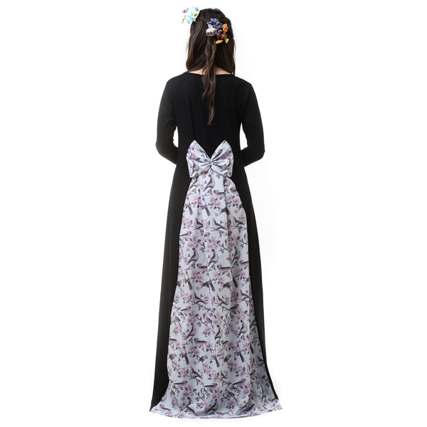 Μαύρο Μακρύ Φόρεμα με Φιόγκο & Ουρά Φλοράλ Πουλάκια - φλοράλ, romantic