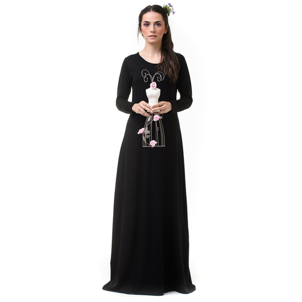 Μαύρο Μακρύ Φόρεμα με Φιόγκο & Ουρά Φλοράλ Πουλάκια - φλοράλ, romantic - 2