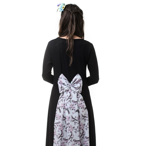 Μαύρο Μακρύ Φόρεμα με Φιόγκο & Ουρά Φλοράλ Πουλάκια - φλοράλ, romantic - 3