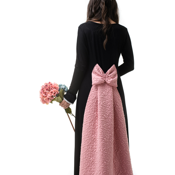 Μαύρο Φόρεμα Μακρύ με Φιόγκο & Ουρά Ροζ Καπιτονέ - φλοράλ, romantic