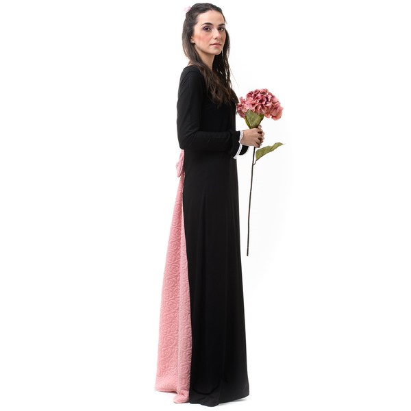 Μαύρο Φόρεμα Μακρύ με Φιόγκο & Ουρά Ροζ Καπιτονέ - φλοράλ, romantic - 4