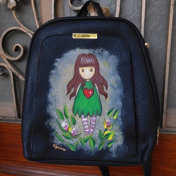 Σακίδιο-τσάντα πλάτης-ζωγραφισμένο σακίδιο με κοριτσάκι gorjuss. - δώρο, πλάτης, δερματίνη - 2
