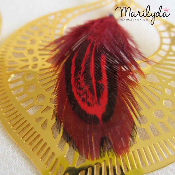 Filigree Feather Σκουλαρίκια - επιχρυσωμένα, ορείχαλκος, φτερό, boho, κρεμαστά, μεγάλα, μεγάλα σκουλαρίκια - 2