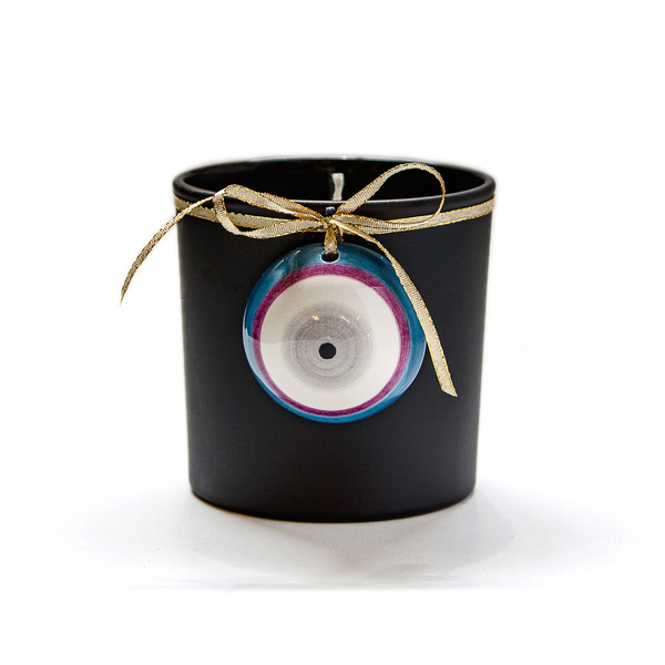 Γυάλινο βάζο 10x10 σε μαύρο χρώμα με κεραμικό μάτι και αρωματικό κερί - μάτι, κερί, αρωματικά κεριά, χριστουγεννιάτικα δώρα